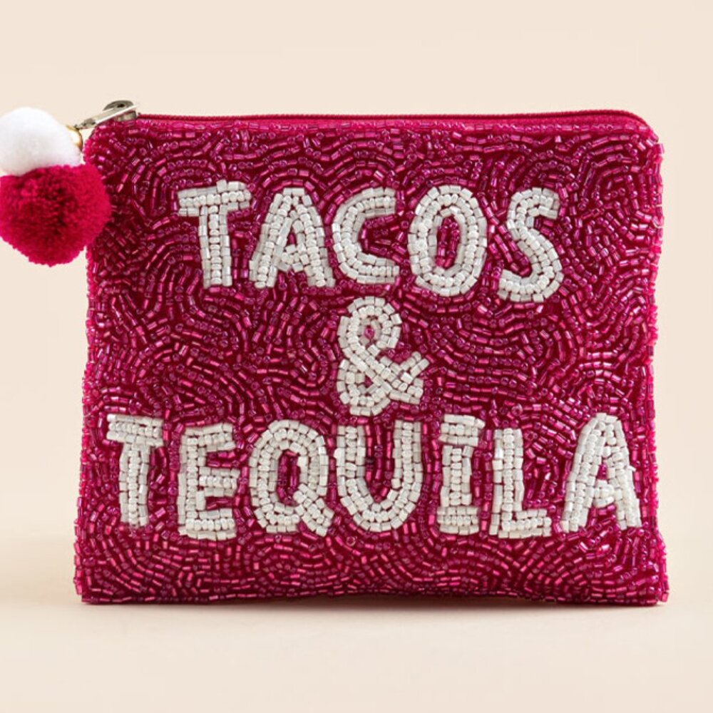 TACOS & TEQUILA Beaded Purse Pouch Makeup Money Credit Card Wallet Gift NEW